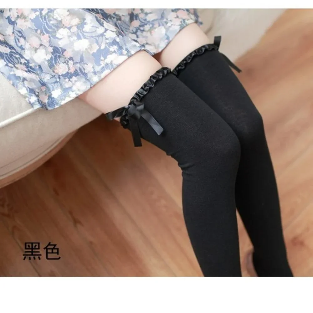 WOMEN'S THIGH HIGH SOCKS w/ RIBBON & BOW OVER ELASTIC AT TOP BLACK - Picture 4 of 5